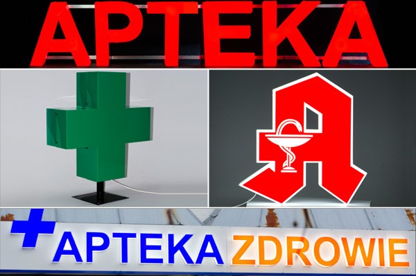 Litery APTEKA, kasetony, krzyże apteczne, znaki A apteczne