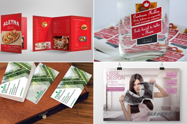 etykiety, naklejki, hologramy, wizytówki, karty biznesowe, karty rabatowe, kalendarze, plakaty, certyfikaty i dyplomy, materiały promocyjne, ulotki, foldery, broszury, katalogi, teczki firmowe, kalendarze, zaproszenia i kartki okolicznościowe, ogłoszenia prasowe