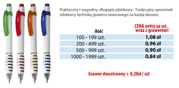 Długopisy PLASTIKOWE w 4 kolorach wraz z GRAWEREM